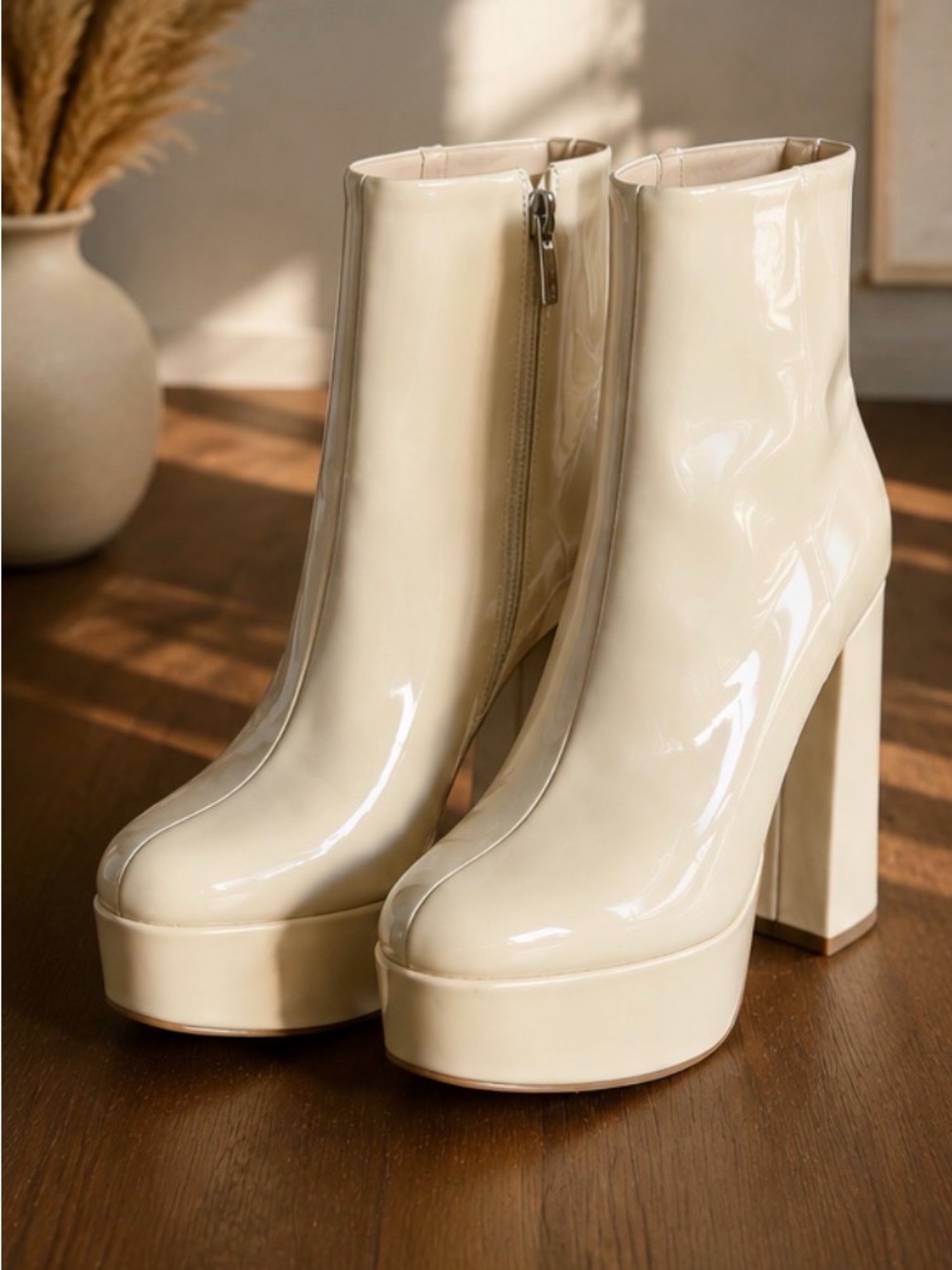 Marc Fisher Cream Patent Platform Ankle Boots